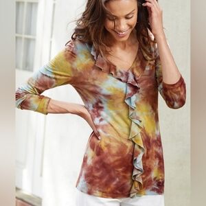 Soft Surroundings Ruffle Tie-Dye Long Sleeve Top - Earth Tones Size M